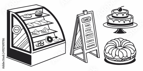Assorted bakery items displayed on a counter with a cash register and a coffee pot Vector