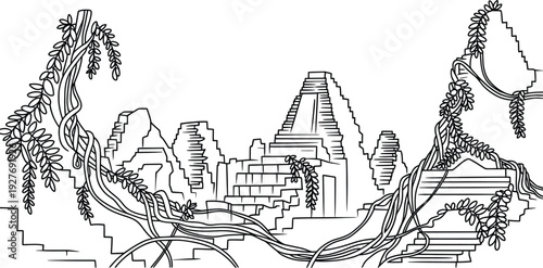 Ancient pyramids in jungle, detailed line art, mysterious lost civilization, transparent background.