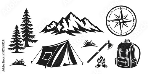 Scenic camping adventure with mountains, trees, and navigation tools. Vector