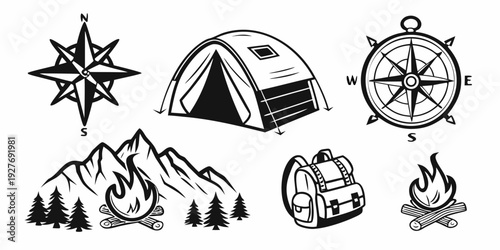 Outdoor adventure with camping and navigation essentials in the wilderness Vector