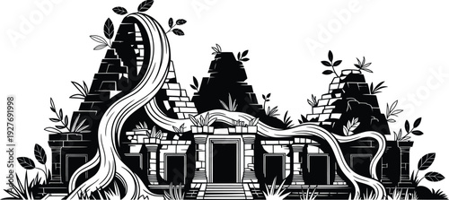 Ancient temple ruins overgrown with vines and lush tropical jungle foliage.