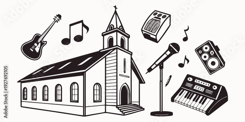 A serene church surrounded by musical instruments and notes, symbolizing faith and harmony. Vector