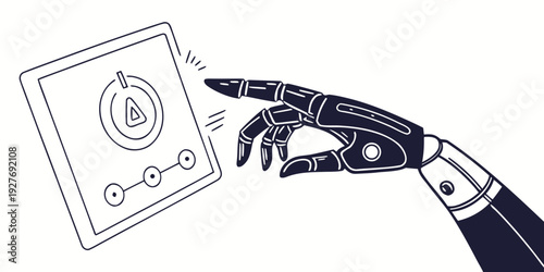 A futuristic robot hand holding a small, glowing, circular device with a symbol. Vector