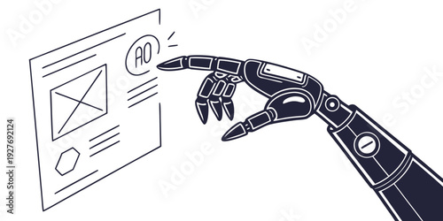 A robot hand interacting with a digital interface on a screen. Vector