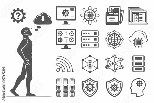 A person walking past a variety of icons representing different fields and activities. Vector