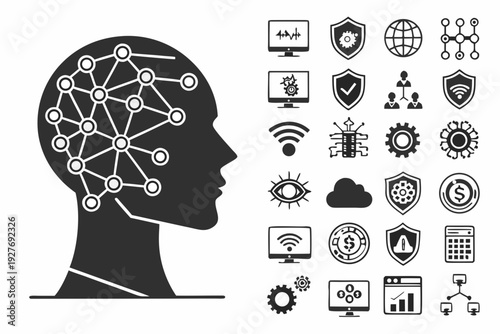 Illustration of a head with various icons representing different aspects of the mind Vector
