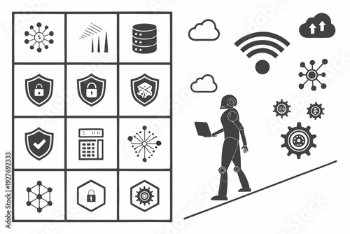 A person navigating through various symbols representing different technologies and concepts. Vector