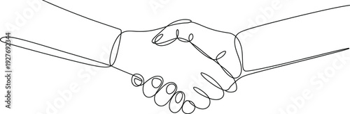 Continuous one line drawing of two people shaking hands minimalist black outline vector illustration for business partnership and agreement concepts.