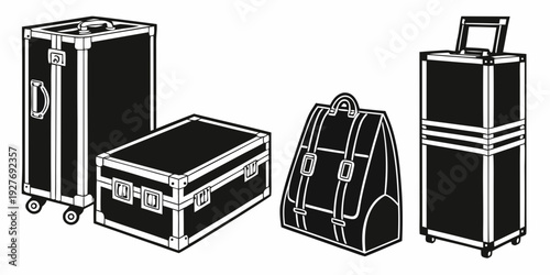 A collection of various types of luggage and travel bags in black and grey. Vector