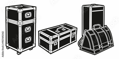 Three black speaker cabinets arranged in a row with various equipment on top. Vector