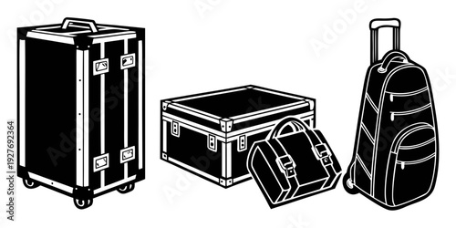 A collection of musical instruments including a keyboard, guitar case, and cymbal Vector