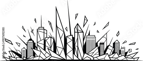 Dynamic futuristic city explosion with shattered glass shards and sharp geometric tower shapes