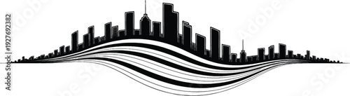 Dynamic city skyline silhouette resting on wavy brush stroke lines showing urban motion energy