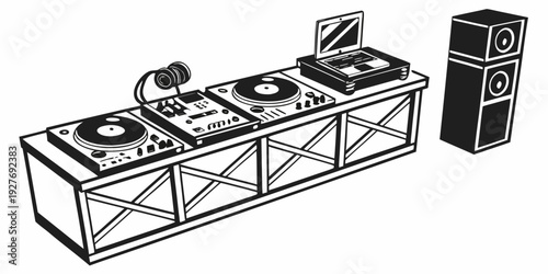 A vintage record player with a stack of vinyl records on top of a wooden cabinet Vector