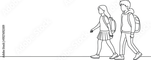 Continuous one line drawing of a boy and girl walking to school with backpacks minimalist black outline vector illustration portrait.