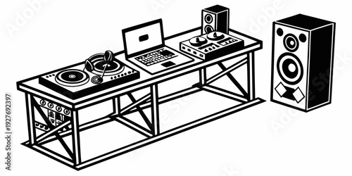 A professional dj setup with turntables, mixer, and speakers on a wooden stand Vector