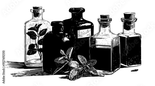 Cold extraction kit with glass bottles and sprigs of mint, vector set