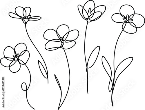 Continuous one line drawing of a variety of minimalist wildflower stems black outline vector illustration for floral and garden designs.