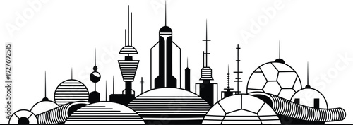 Futuristic alien city colony silhouette featuring domes and technical communication antennas