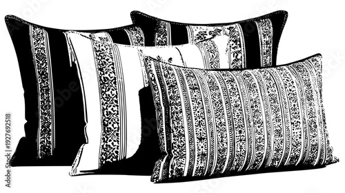 Country ticking pillow family with traditional fabric patterns, vector set