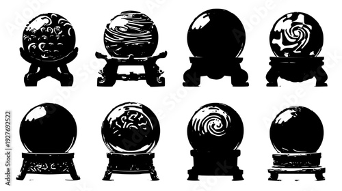 Crystal ball set with wooden stands and swirling mist, vector graphic set