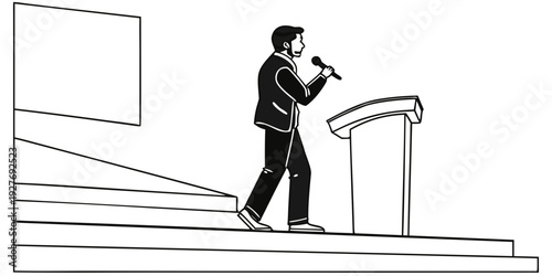 A person standing at a podium speaking into a microphone on a stage with steps Vector