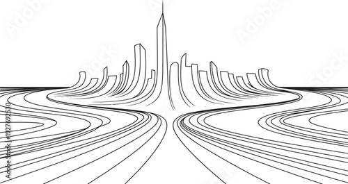 Futuristic city skyline drawn with flowing curved lines in perspective vanishing point