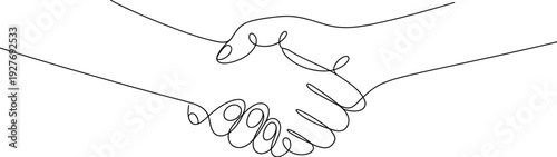 Continuous one line drawing of two hands shaking minimalist black outline vector illustration for business partnership deal and successful agreement.