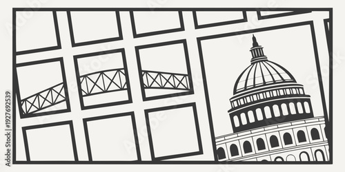 A detailed illustration of a cityscape featuring a prominent building with a dome. Vector