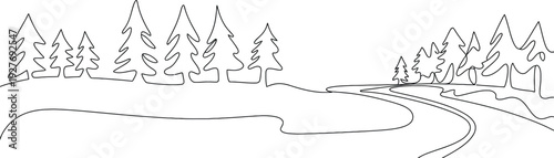 Continuous one line drawing of a peaceful forest landscape with pine trees and a winding road minimalist black outline vector illustration.