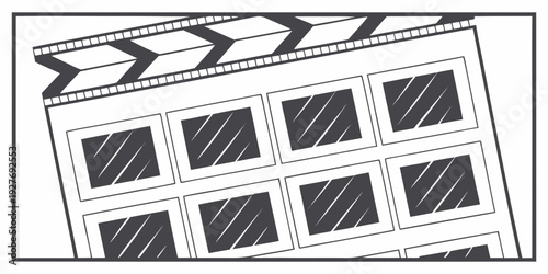 A black and white illustration of a film strip with various frames Vector