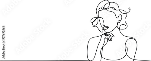 Continuous one line drawing of an elegant pensive woman with curly hair resting her chin on her hand vector illustration.