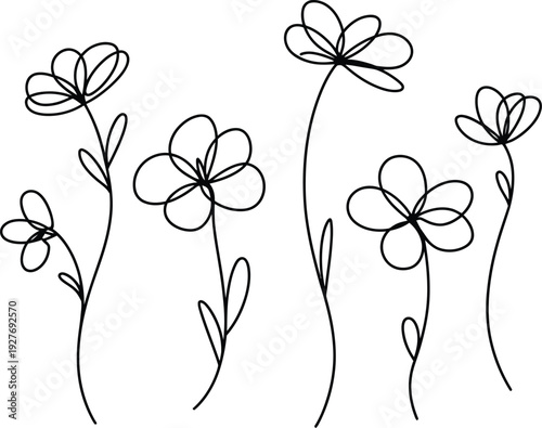 Continuous one line drawing of a variety of minimalist wildflower stems black outline vector illustration for floral and garden designs.