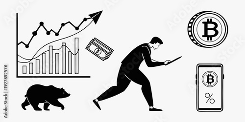 Investor analyzing market trends with bitcoin and bearish indicators Vector