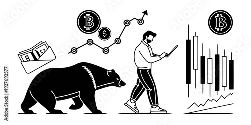 A man with a cane and a hat is running away from a bear in the forest. Vector