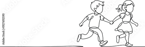Continuous one line drawing of a young boy and girl holding hands and running together minimalist black outline vector illustration.