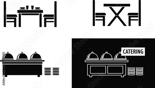 Restaurant Catering Furniture and Buffet Table Silhouette Icons Set Vector Illustration Isolated on Light Background Collection Design