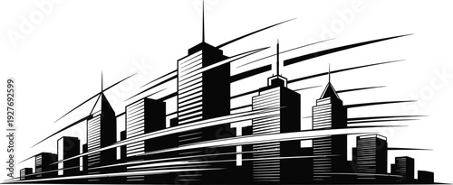 Futuristic city skyline, urban landscape with modern tall buildings, speed lines abstract vector