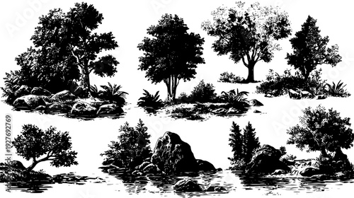 Forest spring collection featuring clear water and rocks, vector set