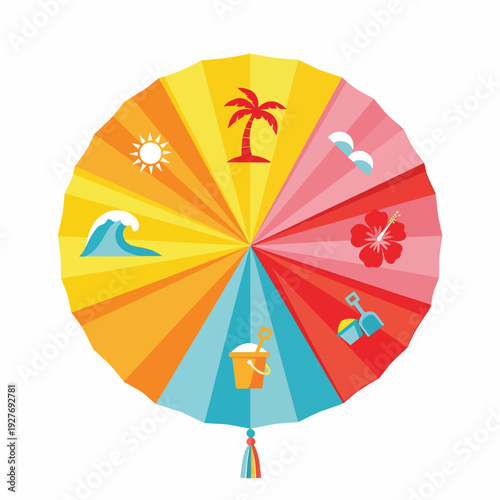 Colorful Beach Umbrella With Tropical Symbols.