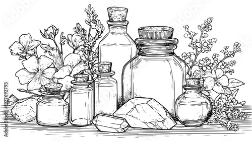 Gemstone elixir collection featuring liquid and minerals, vector set