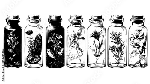 Healing tonic set with herbal ingredients and clear glass vials, vector set