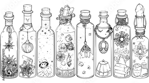 Magical potion bottle kit including wide and tall glass jars, vector set