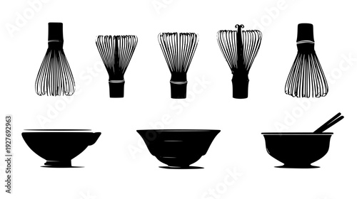Matcha whisking collection featuring bamboo tools and bowls, vector set