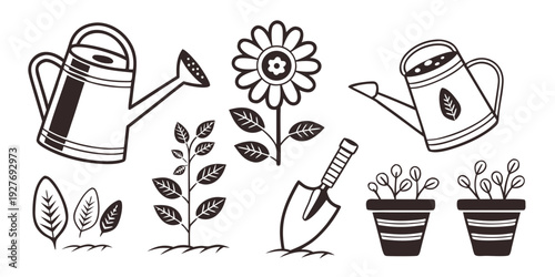 A delightful illustration of gardening tools and plants in a playful style Vector