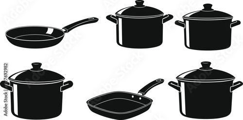 Black Cookware Set Collection Frying Pan and Cooking Pots Silhouette Vector Illustration Isolated on Light Background Kitchen Equipment