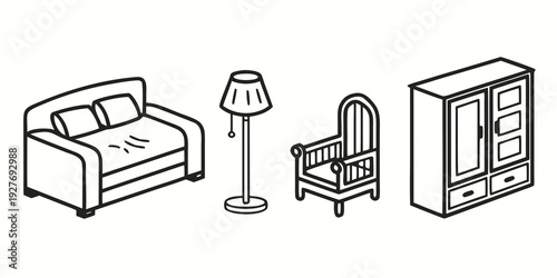 A cozy living room setup with a sofa, lamp, rocking chair, and a dresser. Vector