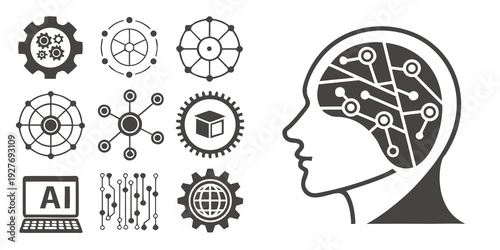 Illustration of a head with interconnected gears and symbols representing artificial intelligence. Vector