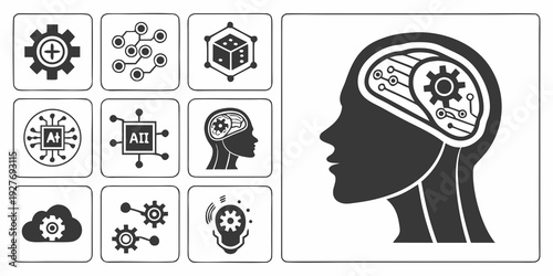 Illustration of a person's head with various cognitive processes and concepts. Vector