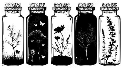 Remedy jar collection featuring cork lids and botanical elements, vector graphic set